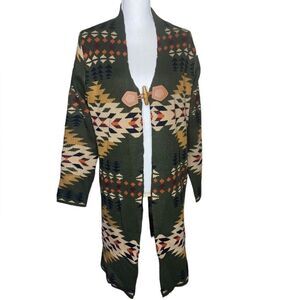 keren hart Sz Med Southwestern Aztec Toggle Close Long Knitted Cardigan Sweater
